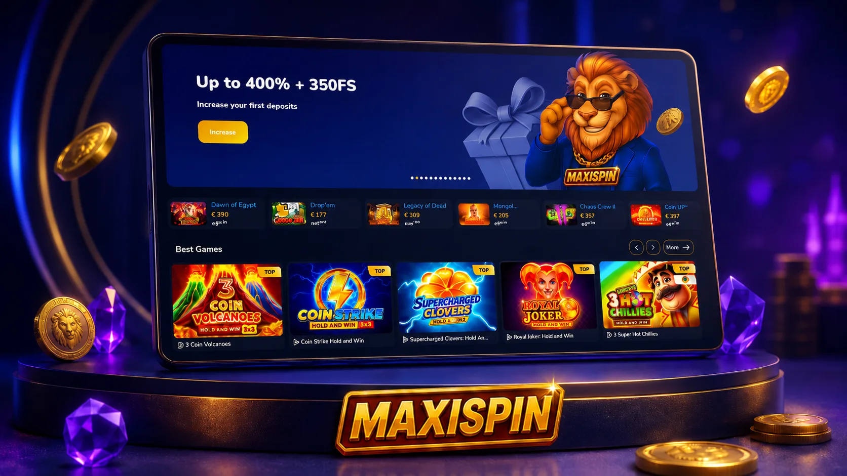 Maxispin Casino Australia lobby banner with welcome bonus