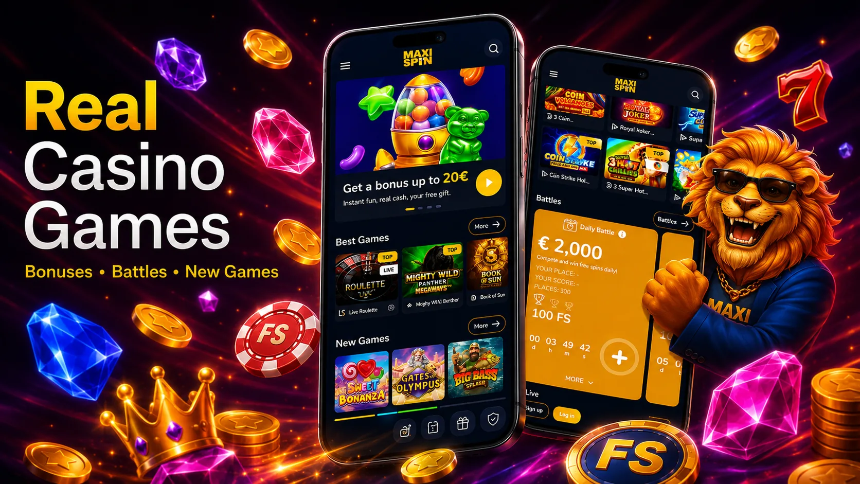 Maxispin Casino games lobby with featured slot titles