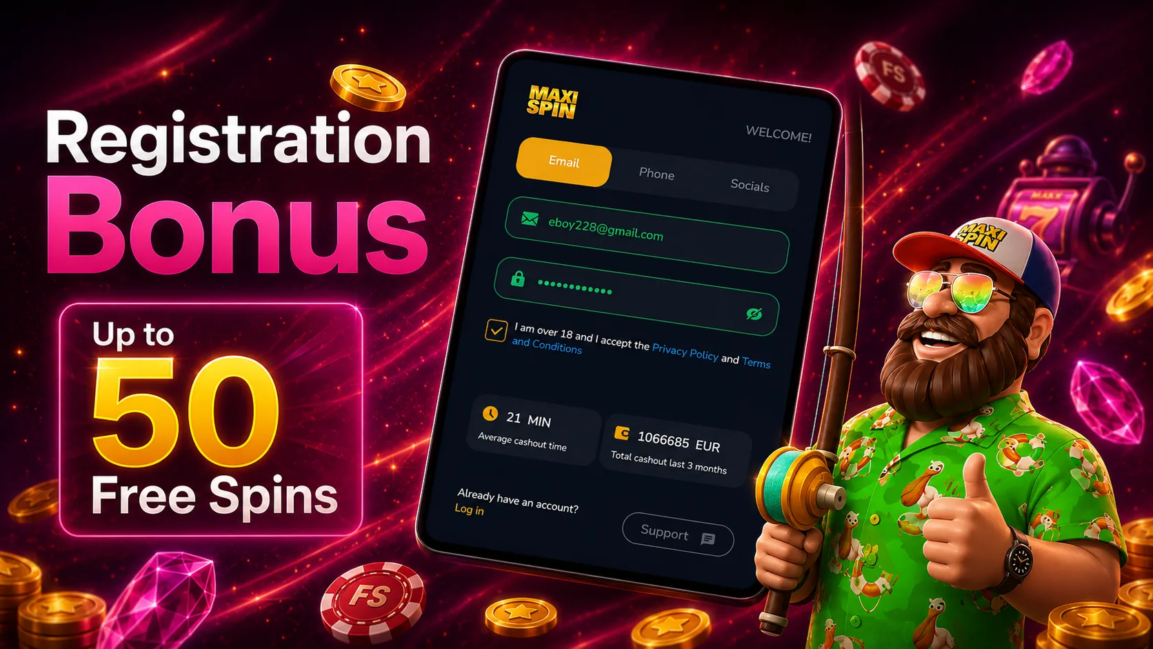 Maxispin Casino registration page banner