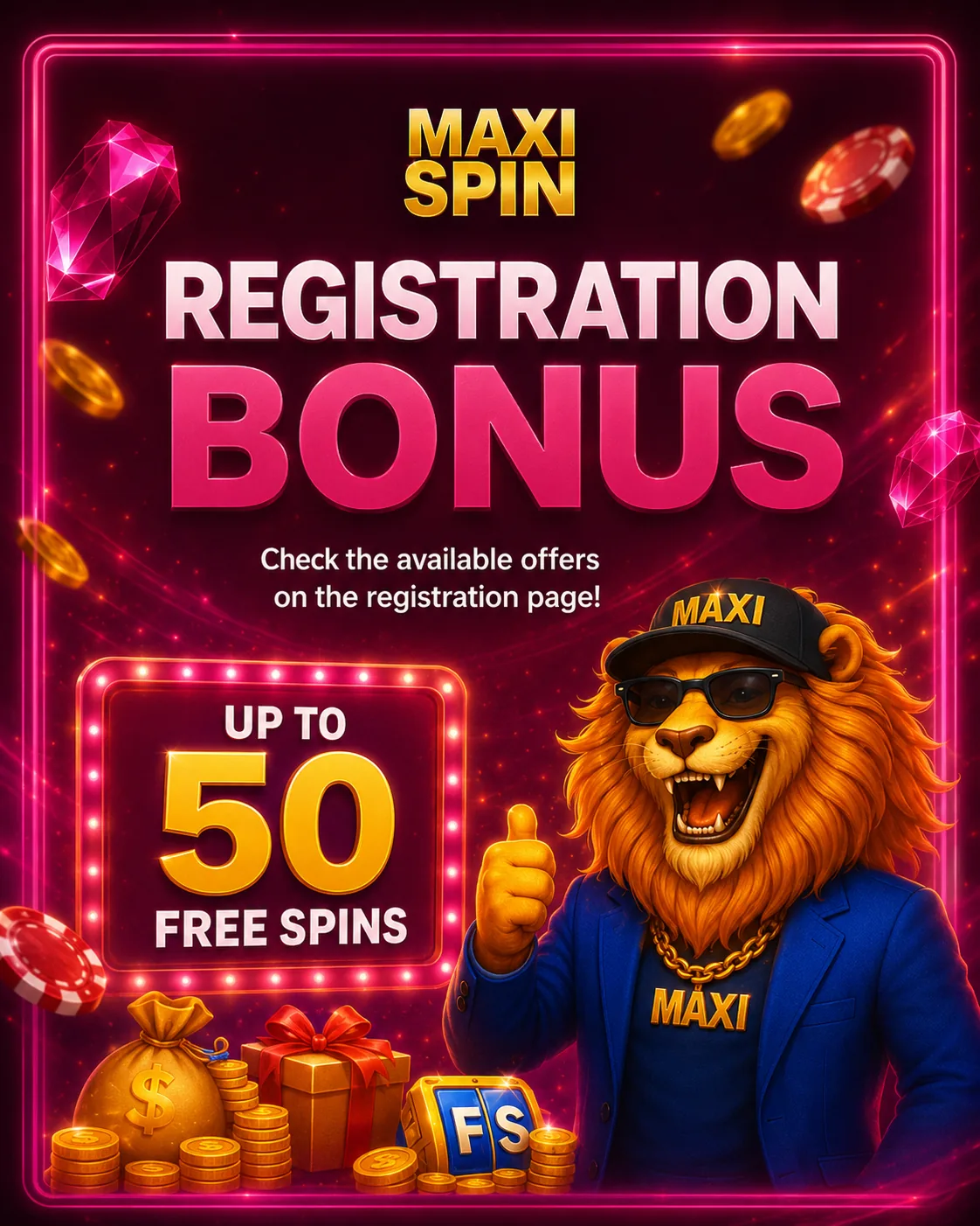 Maxispin Casino registration bonus promo screen