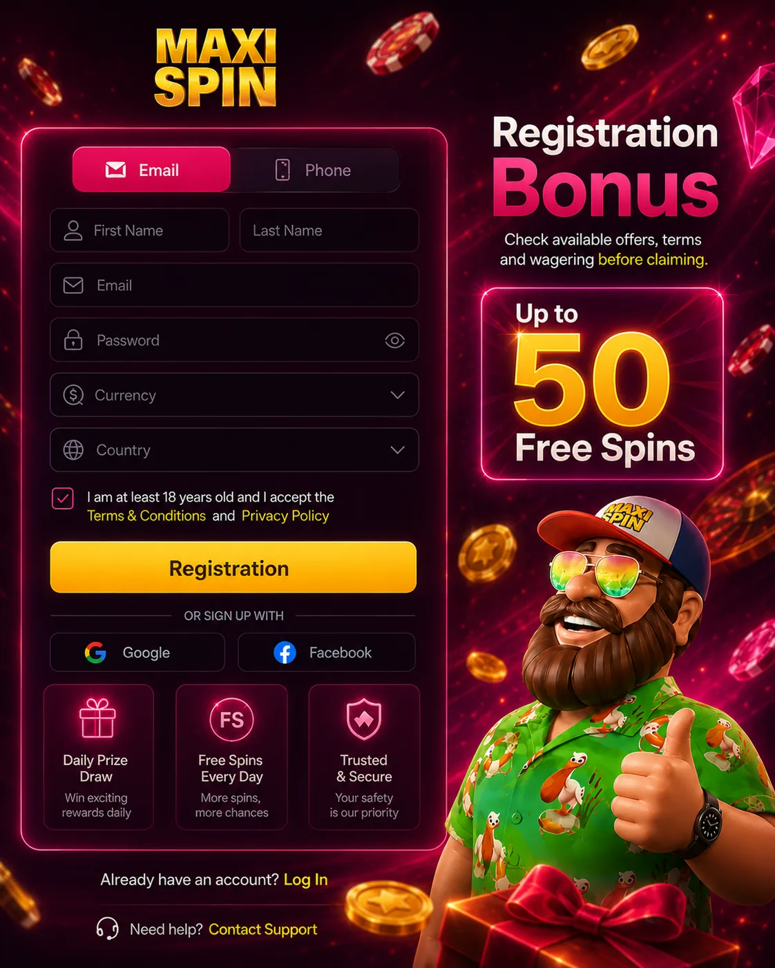 Maxispin Casino account registration form preview