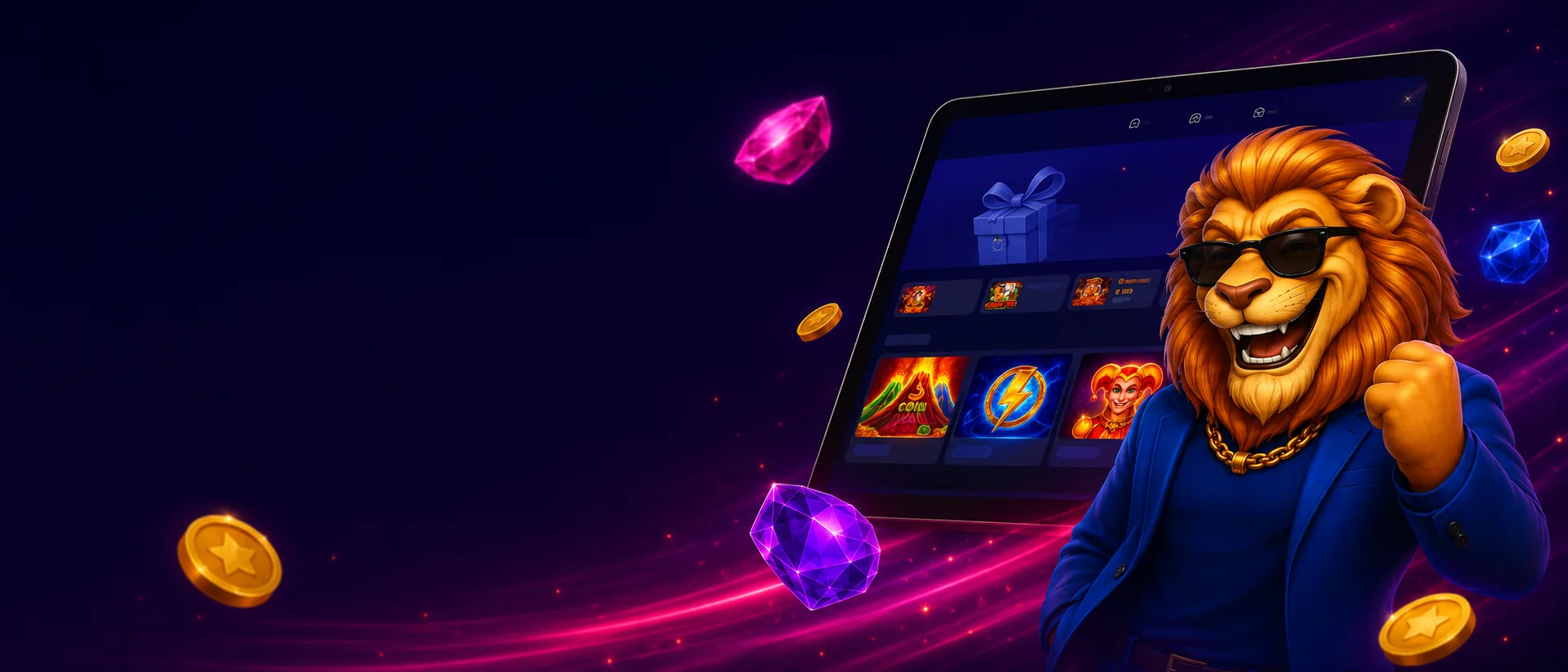 Maxispin Casino lobby with lion mascot and purple gems
